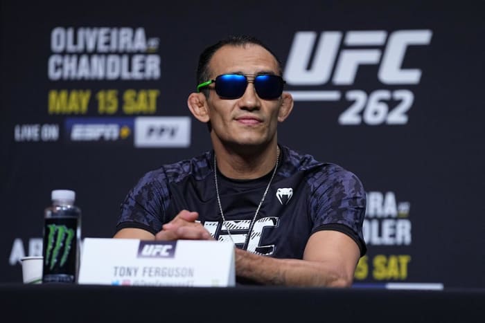 Tony Ferguson smiles in the crowd during a UFC 262 press conference.